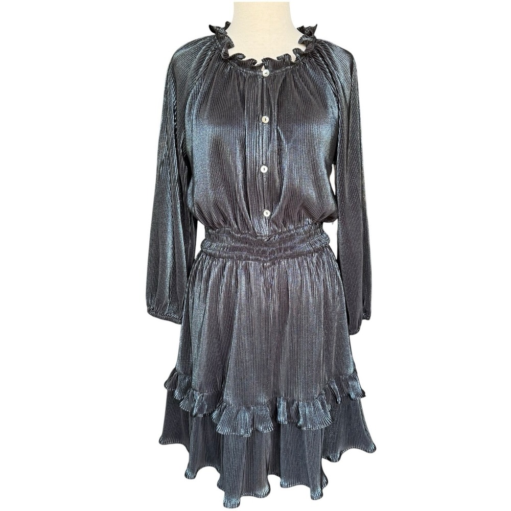 Another Love Chiara Mini Dress Black Metallic Pleated Tiered Skirt Womens Small